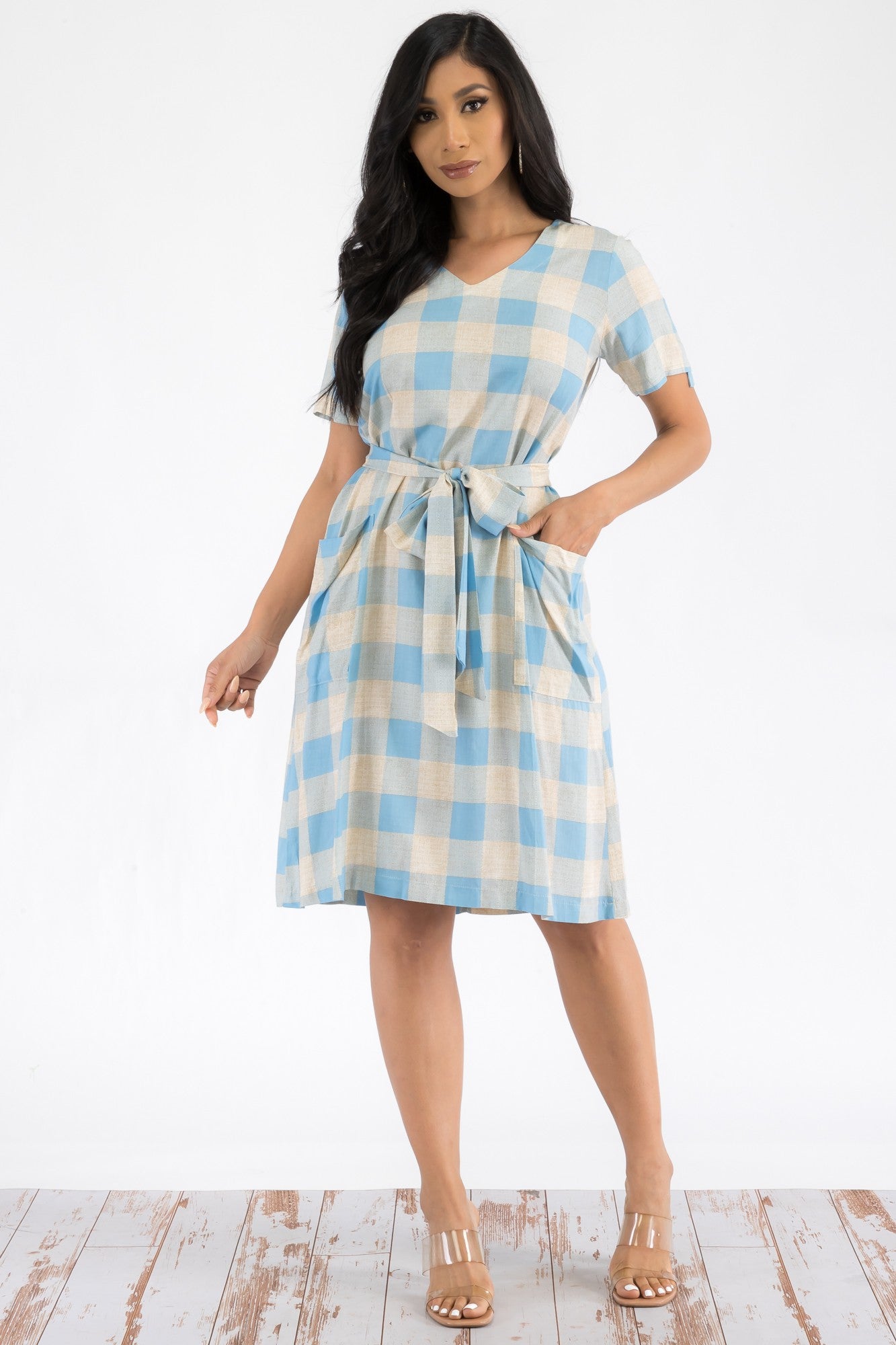 Plaid Belted Knee Midi Dress