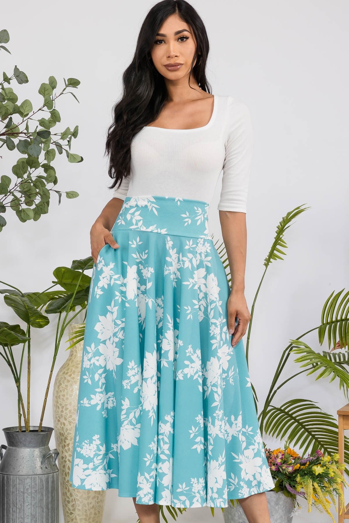 Floral Midi Maxi Skirt with Pockets