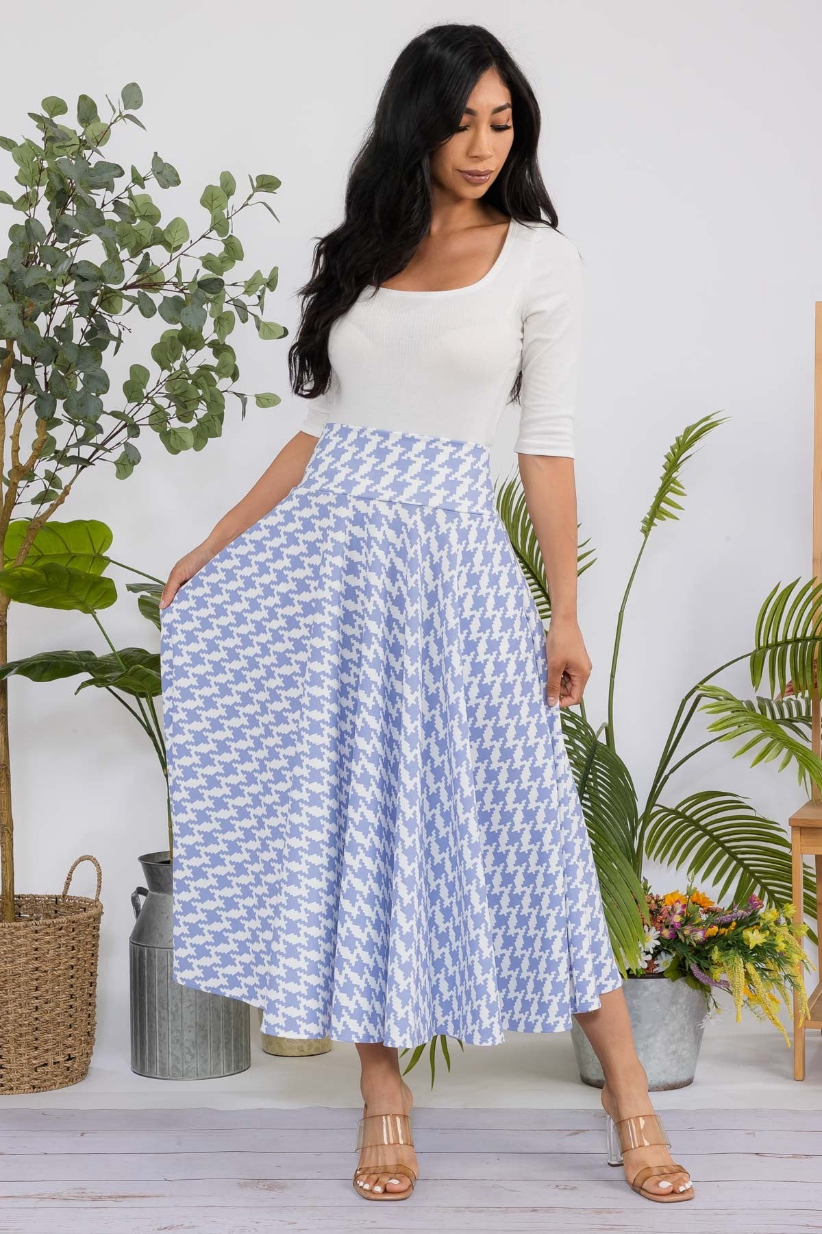 Houndstooth Printed Midi Maxi Skirt