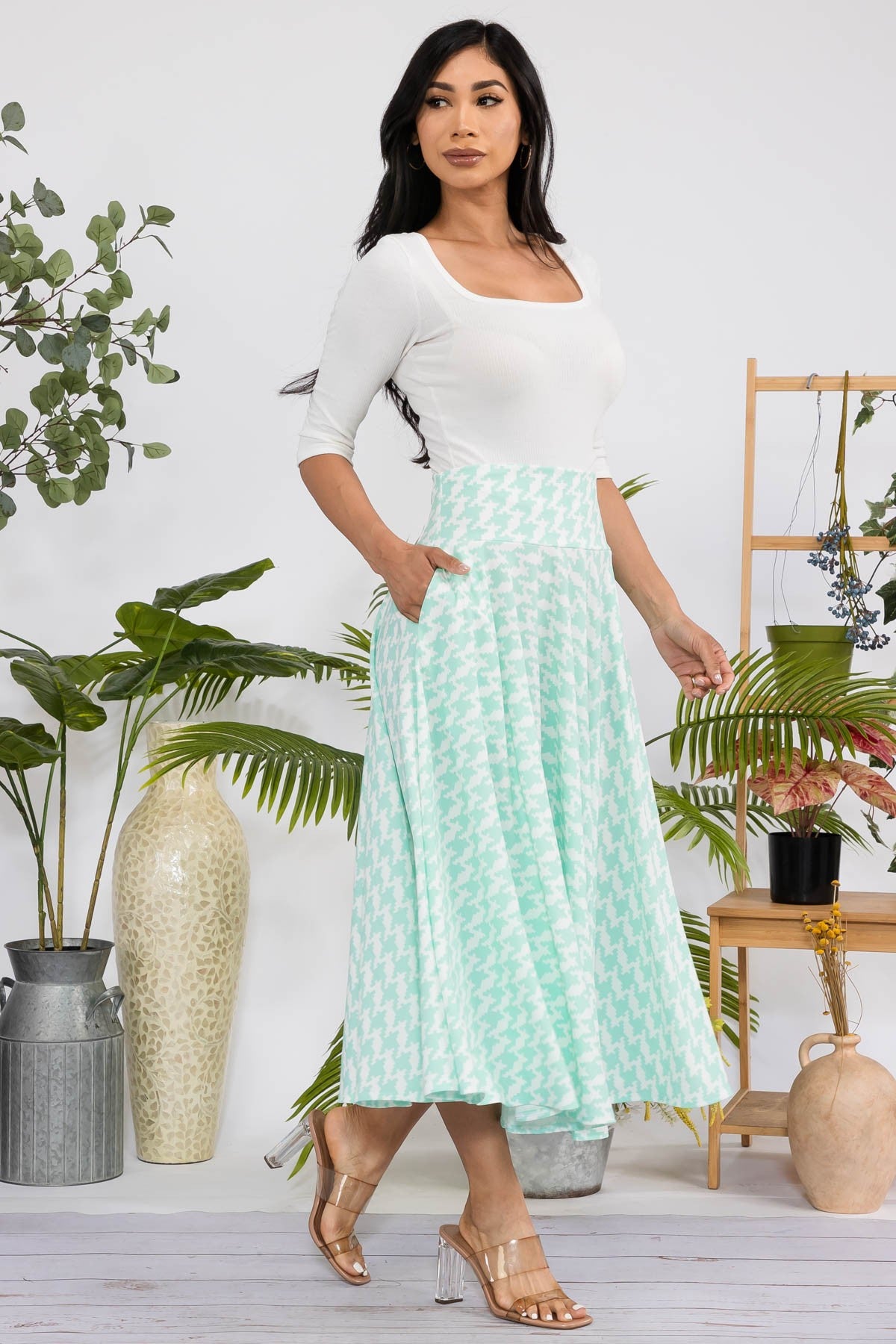 Houndstooth Printed Midi Maxi Skirt