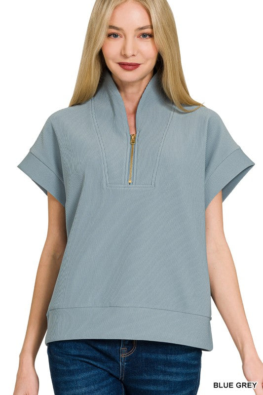 Ribbed Half Zipper Blouse