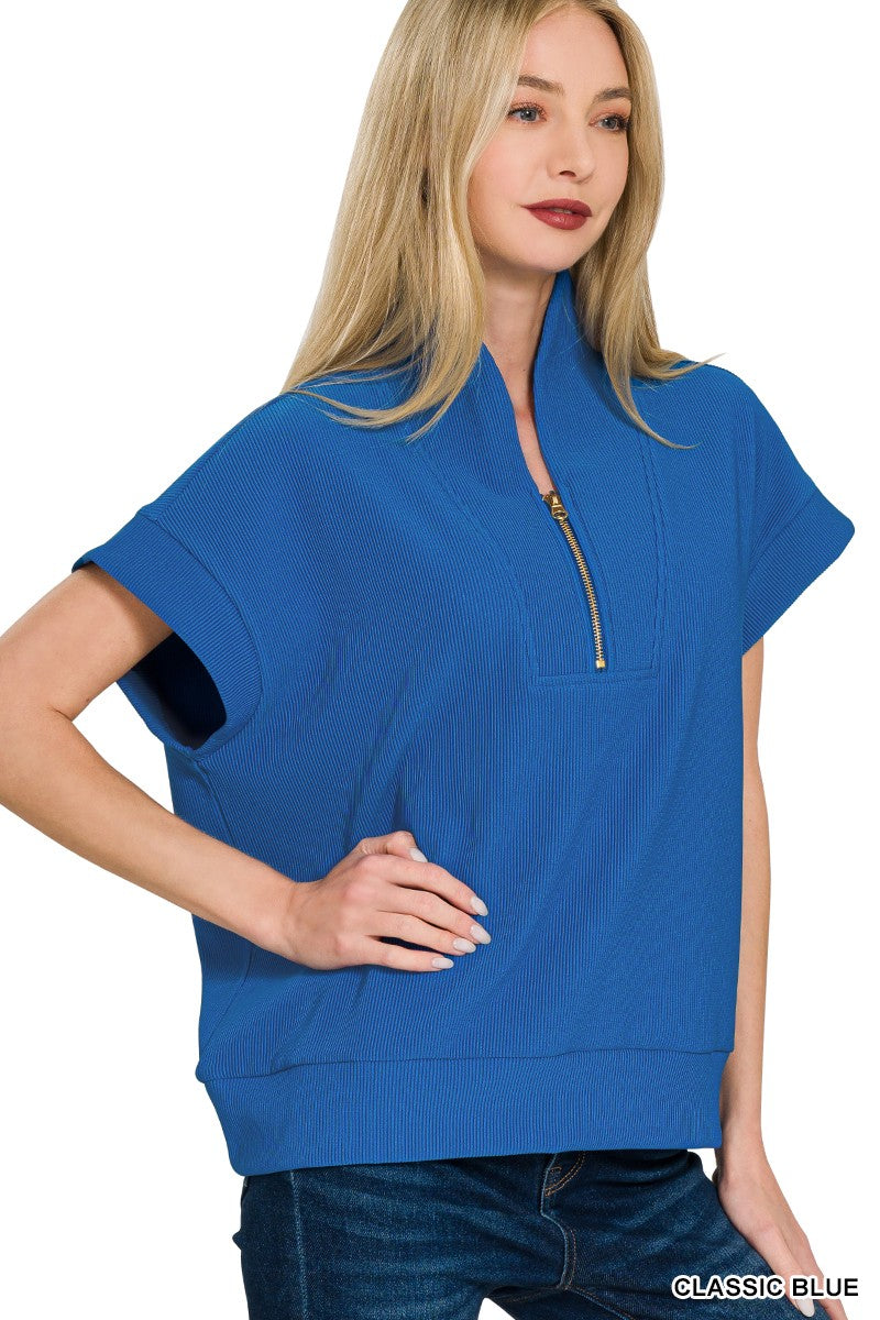 Ribbed Half Zipper Blouse