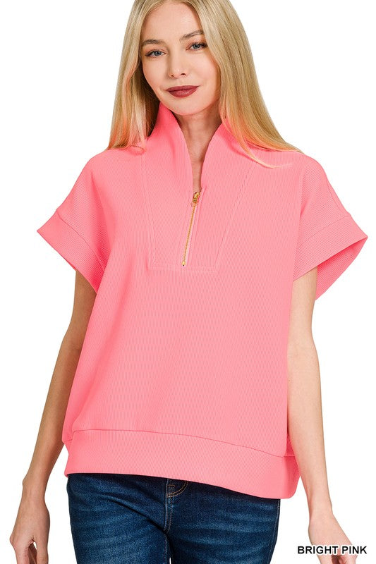 Ribbed Half Zipper Blouse