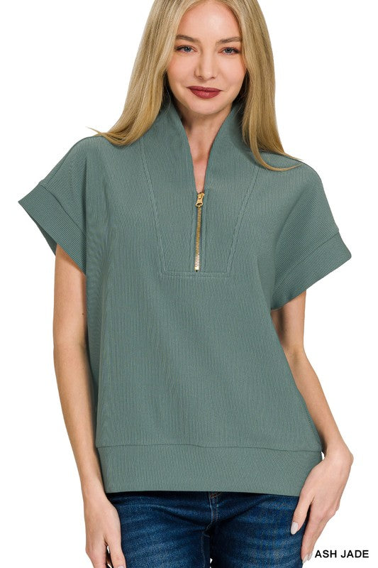 Ribbed Half Zipper Blouse
