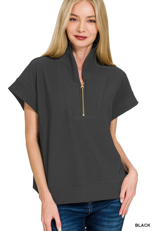 Ribbed Half Zipper Blouse
