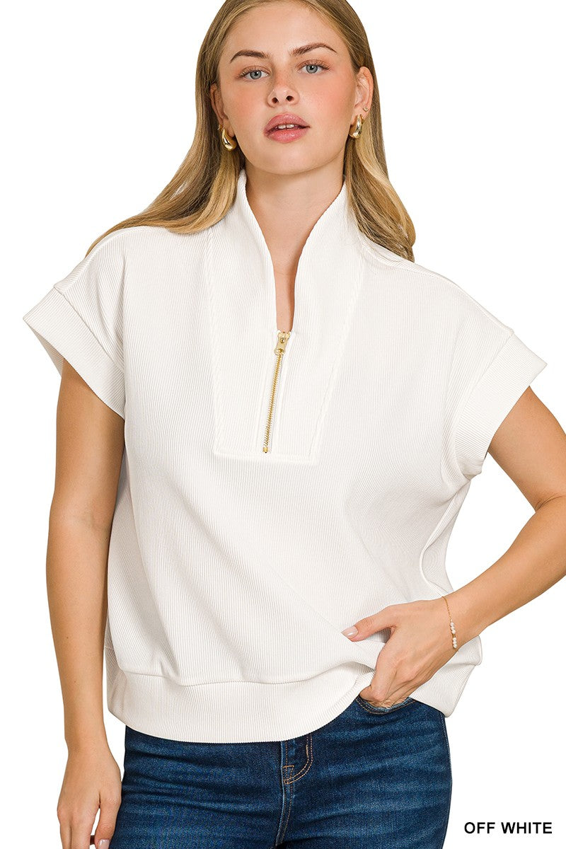 Ribbed Half Zipper Blouse