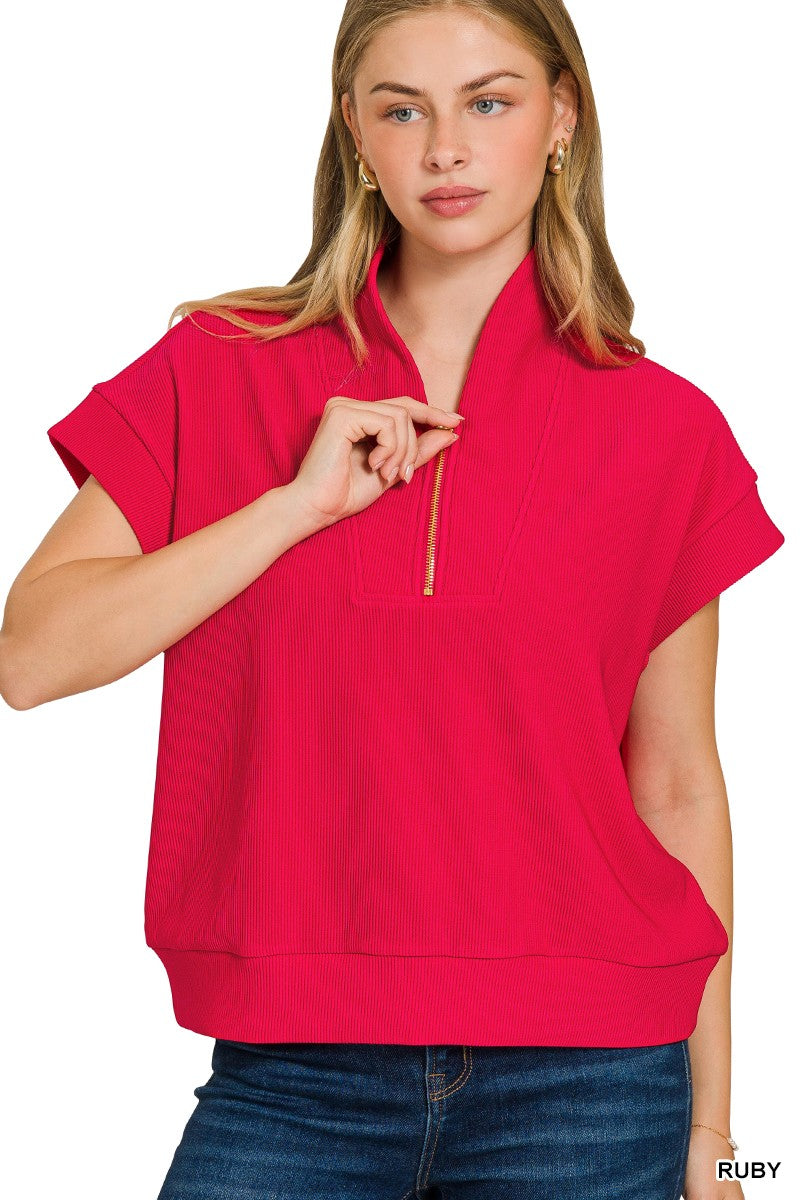 Ribbed Half Zipper Blouse
