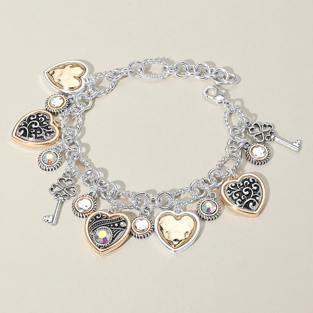 Heart Clover Key Stone Charm Station Bracelet