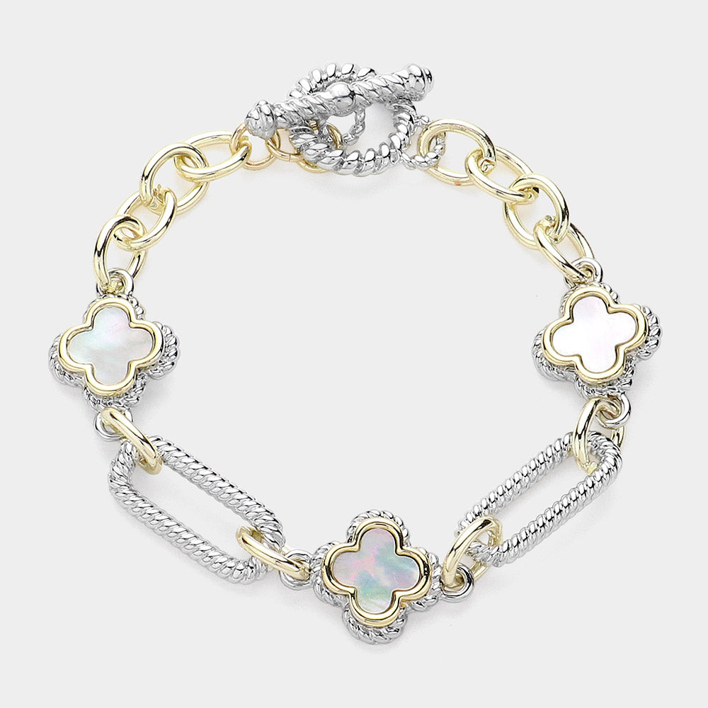 DY 14K Gold Plated Two Tone Stone Paved Quatrefoil Link Toggle Bracelet