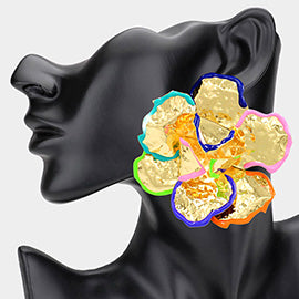 Large Hammered Crystal Trimmed Flower Statement Earrings