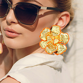 Large Hammered Crystal Trimmed Flower Statement Earrings