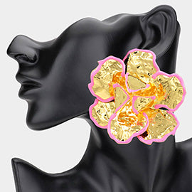 Large Hammered Crystal Trimmed Flower Statement Earrings