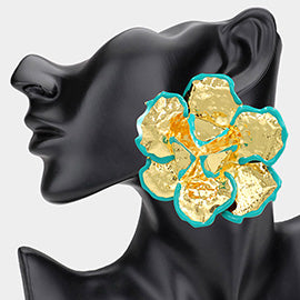 Large Hammered Crystal Trimmed Flower Statement Earrings