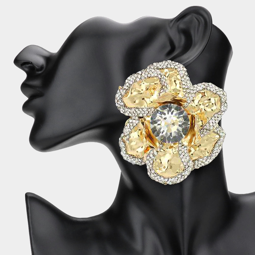 Large Hammered Crystal Trimmed Flower Statement Earrings
