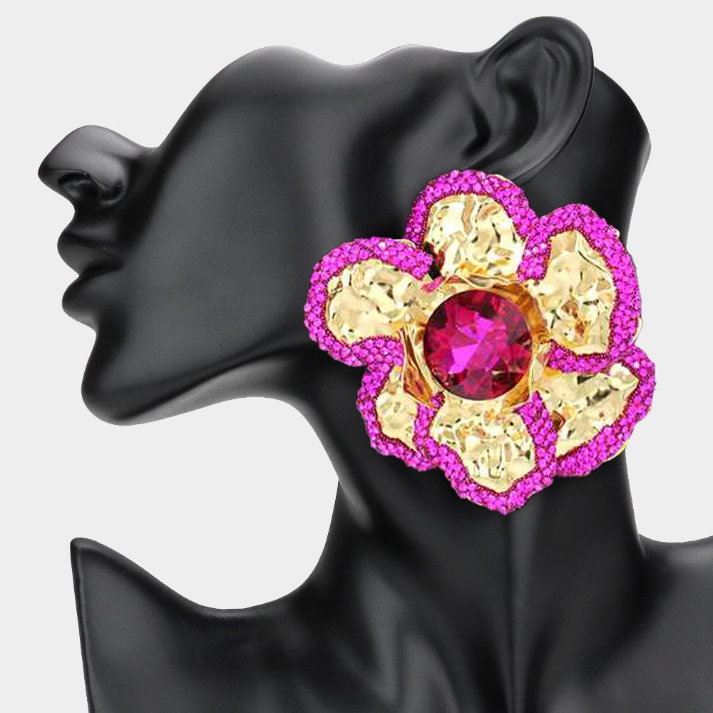 Large Hammered Crystal Trimmed Flower Statement Earrings