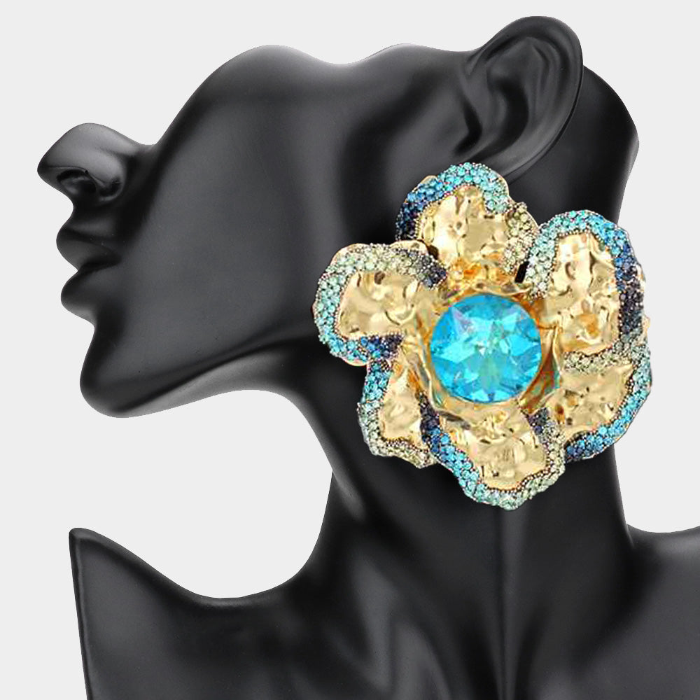 Large Hammered Crystal Trimmed Flower Statement Earrings