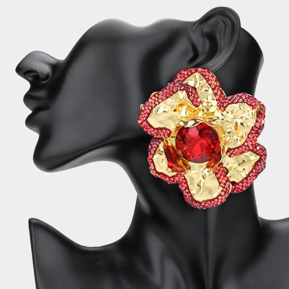Large Hammered Crystal Trimmed Flower Statement Earrings