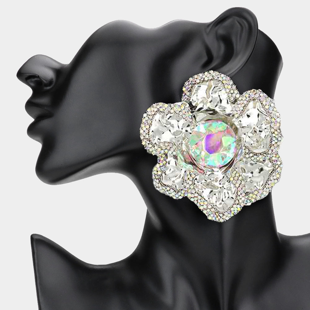 Large Hammered Crystal Trimmed Flower Statement Earrings