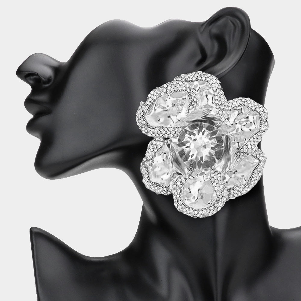 Large Hammered Crystal Trimmed Flower Statement Earrings