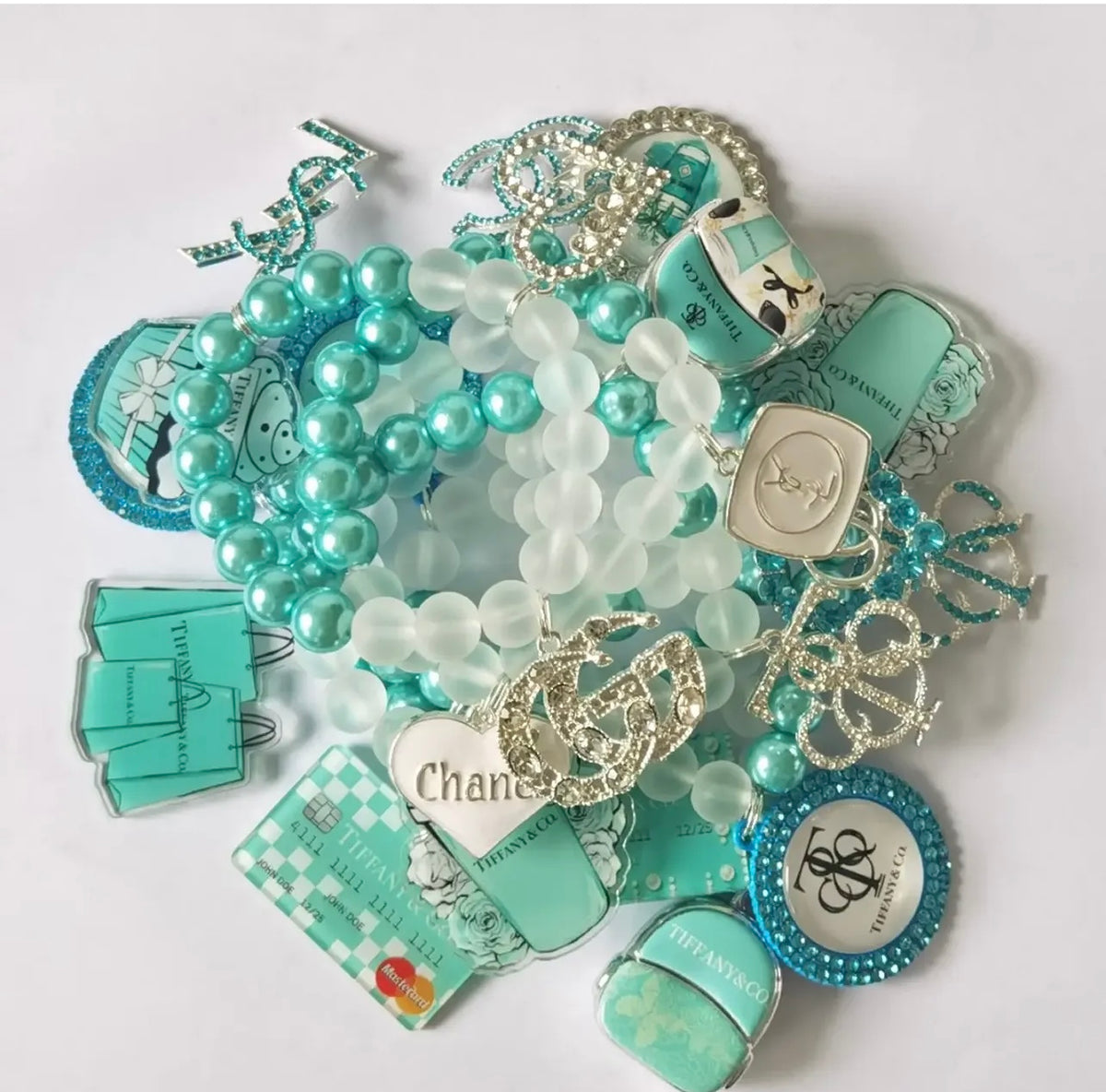 Designer Two Tone Teal and Clear Three Piece Charm Bracelet Set