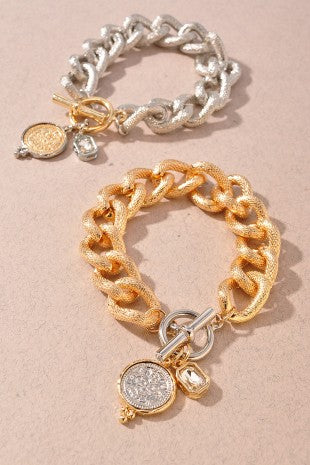 Coin Thick Link Toggle Charm Bracelet