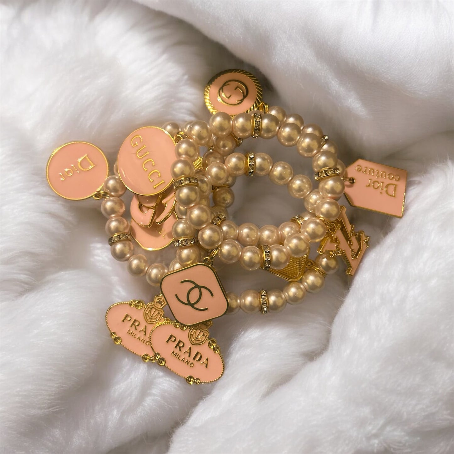 Rose Pink Pearl Charm Bracelet Set