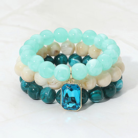 Multi Color Three Piece Beaded Crystal Charm Bracelet Set