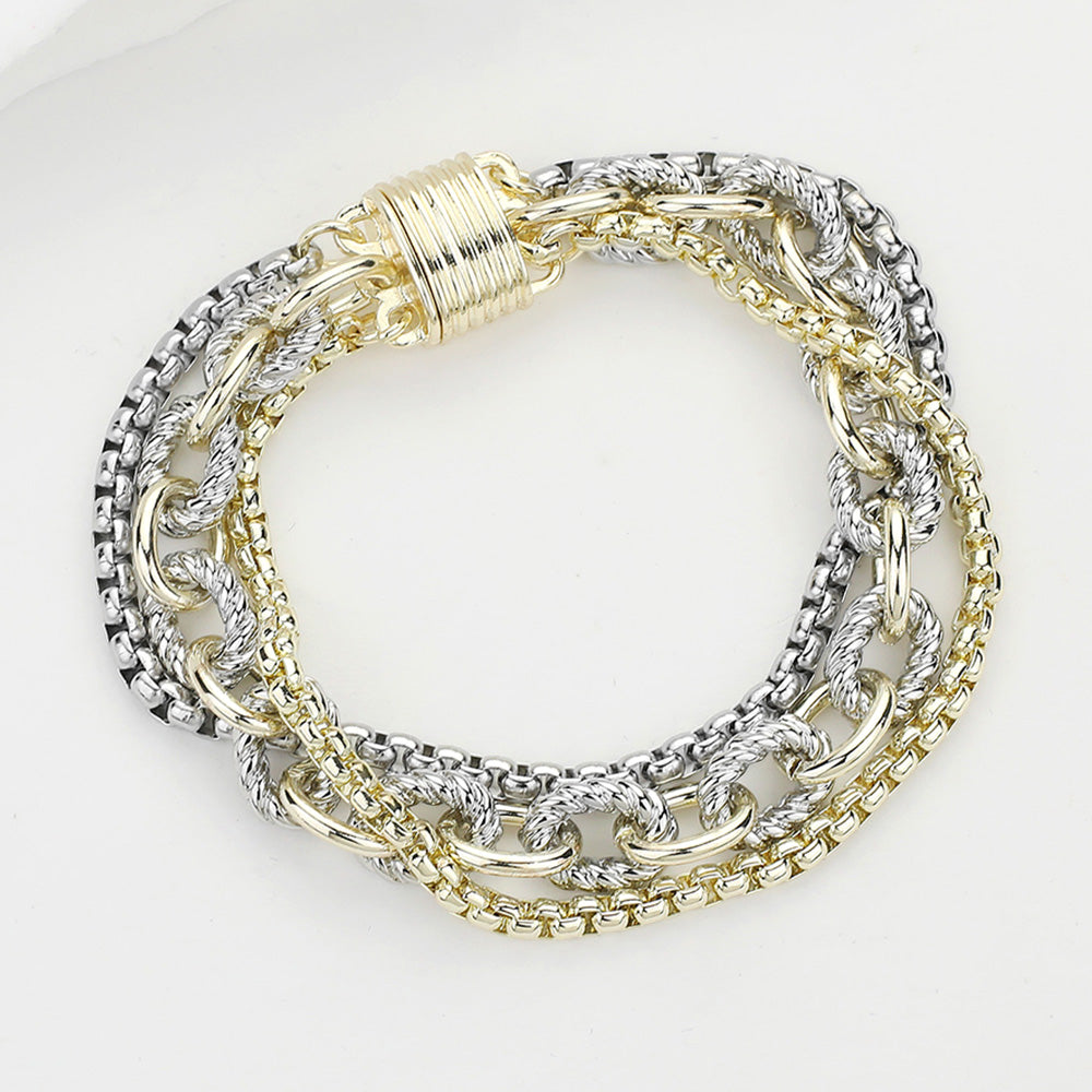 DY 14K Gold Plated Two Tone Multi Layered Chunky Chain Magnetic Bracelet