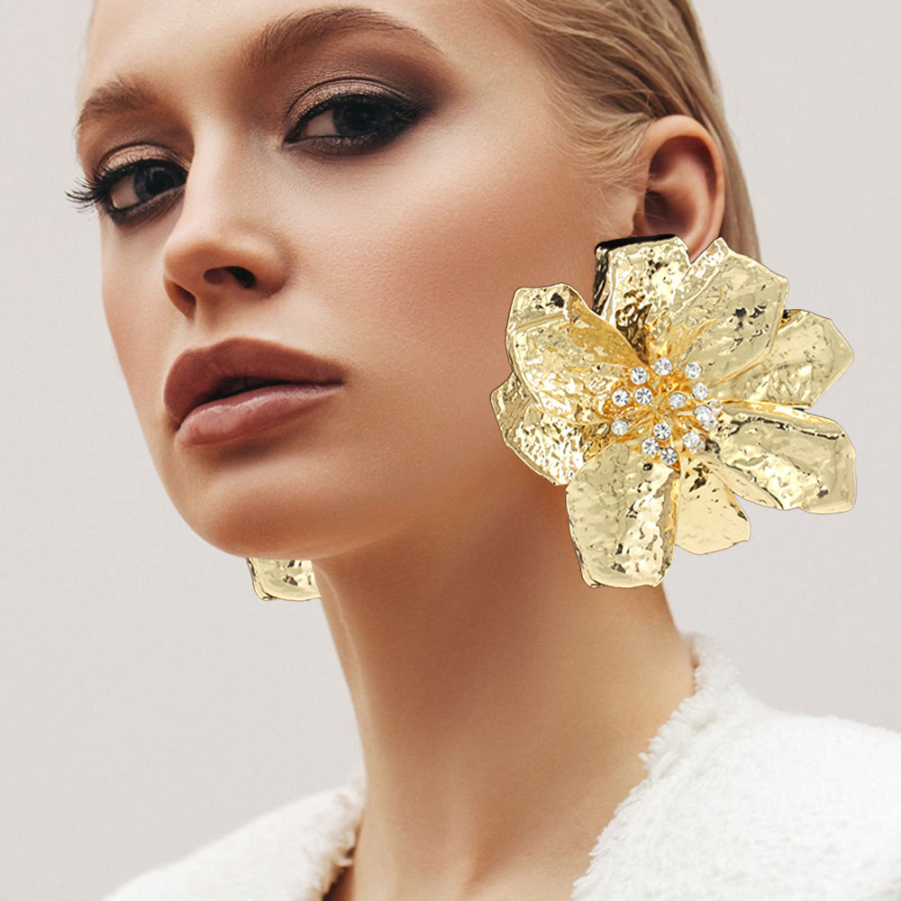 Large Hammered Crystal Trimmed Flower Statement Earrings