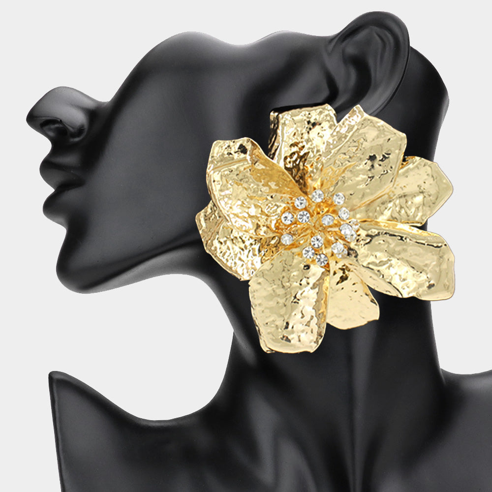 Large Hammered Crystal Trimmed Flower Statement Earrings