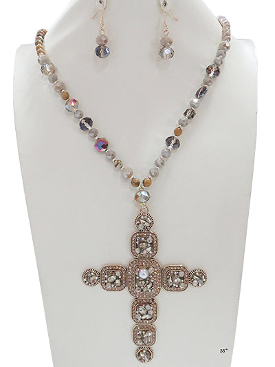 Large Cross Charm Crystal Necklace Set