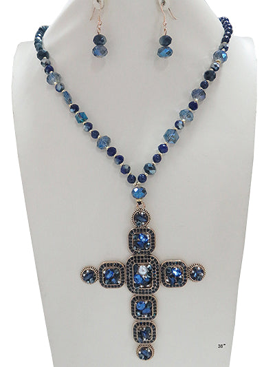 Large Cross Charm Crystal Necklace Set