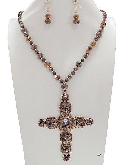 Large Cross Charm Crystal Necklace Set
