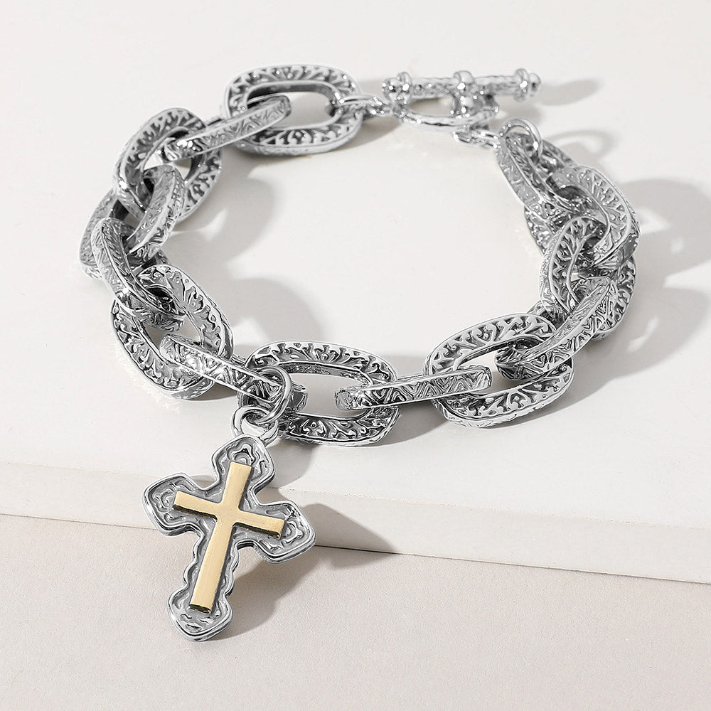DY Inspired 14K Gold Plated Two Tone Cross Charm Chunky Chain Toggle