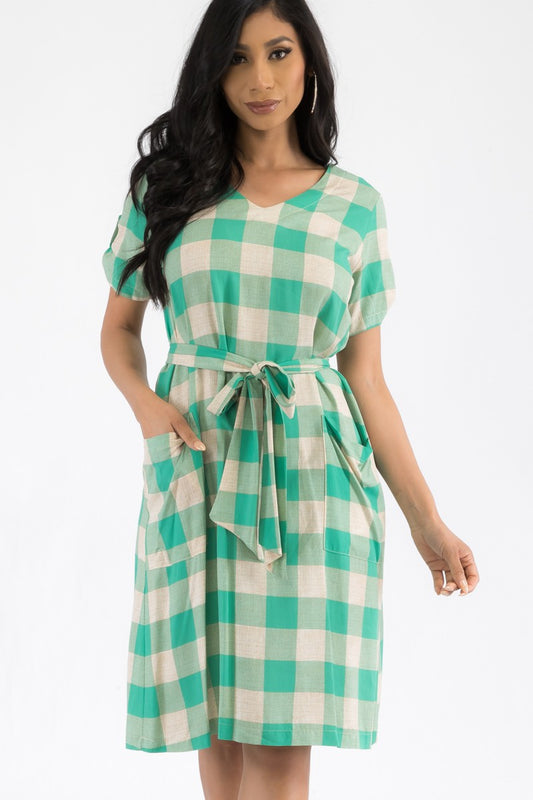 Plaid Belted Knee Midi Dress