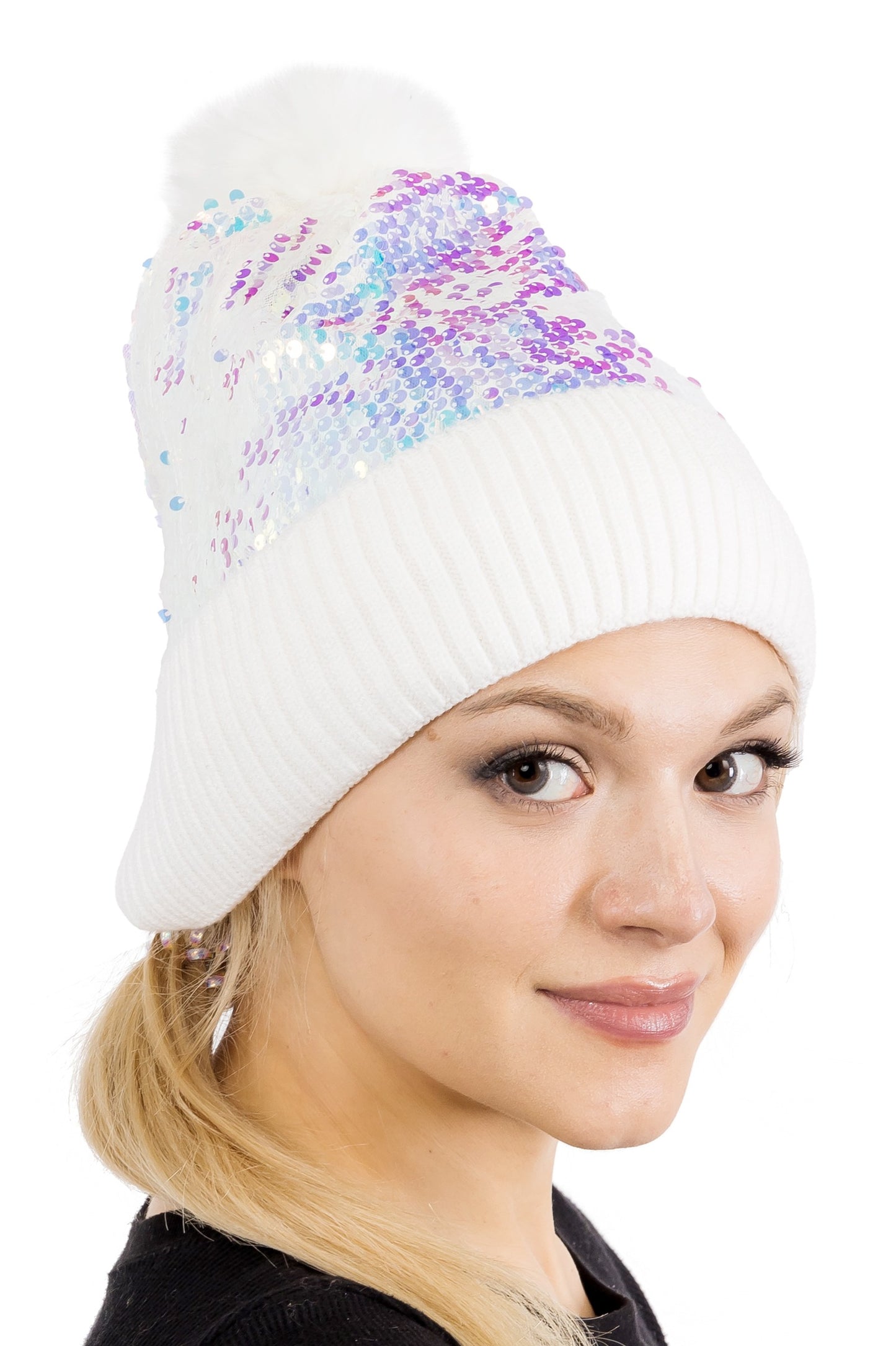Iridescent Sequin Hood with Pom Pom