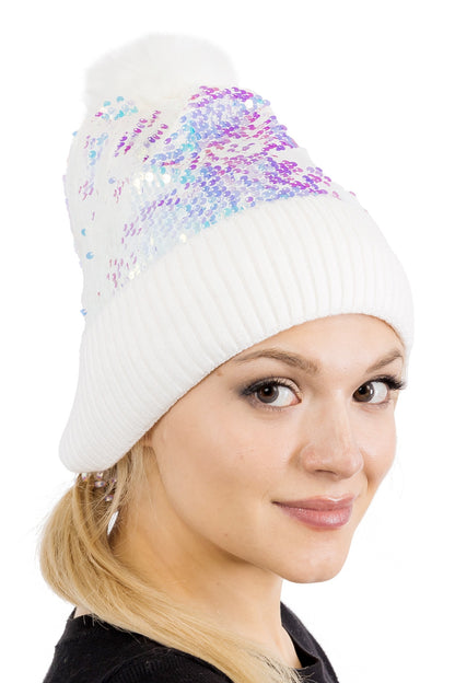 Iridescent Sequin Hood with Pom Pom