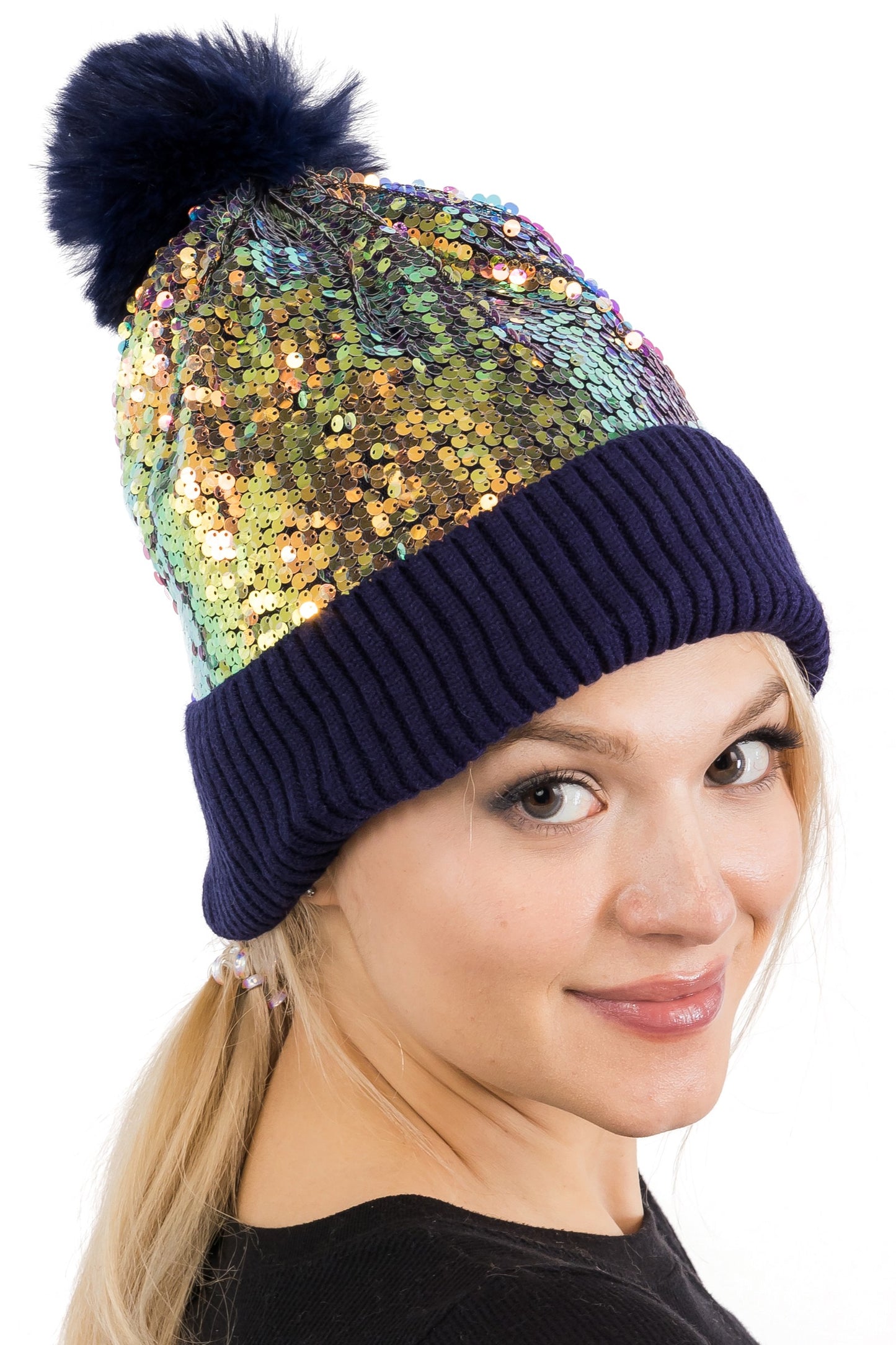 Iridescent Sequin Hood with Pom Pom