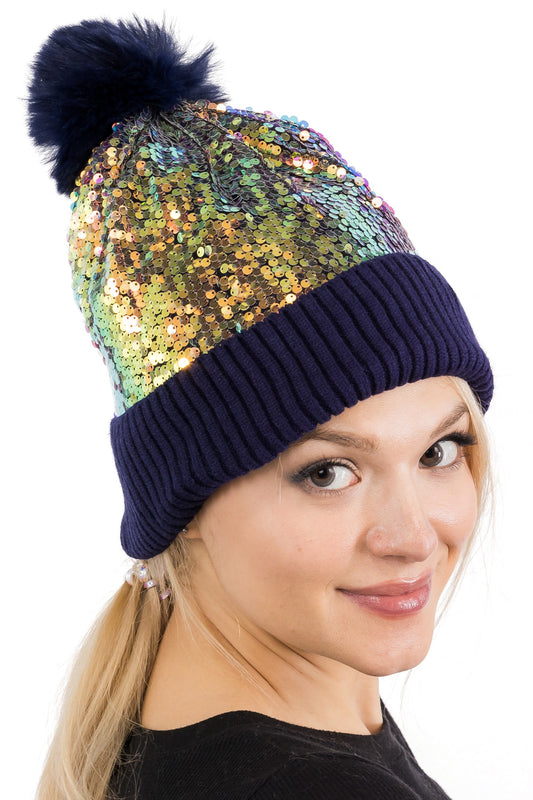 Iridescent Sequin Hood with Pom Pom