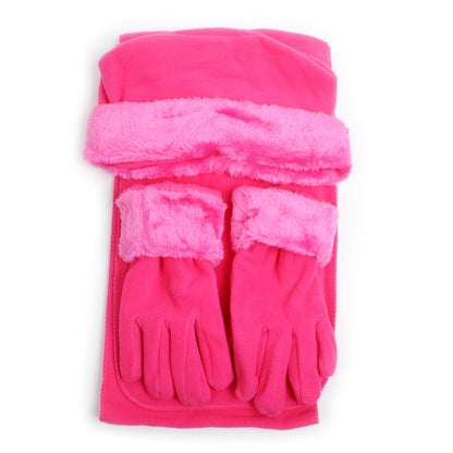 Three Piece Fleece Solid Scarf, Hat and Glove Set With Fur Trim