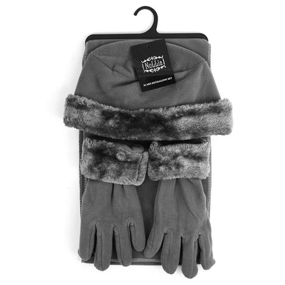 Three Piece Fleece Solid Scarf, Hat and Glove Set With Fur Trim