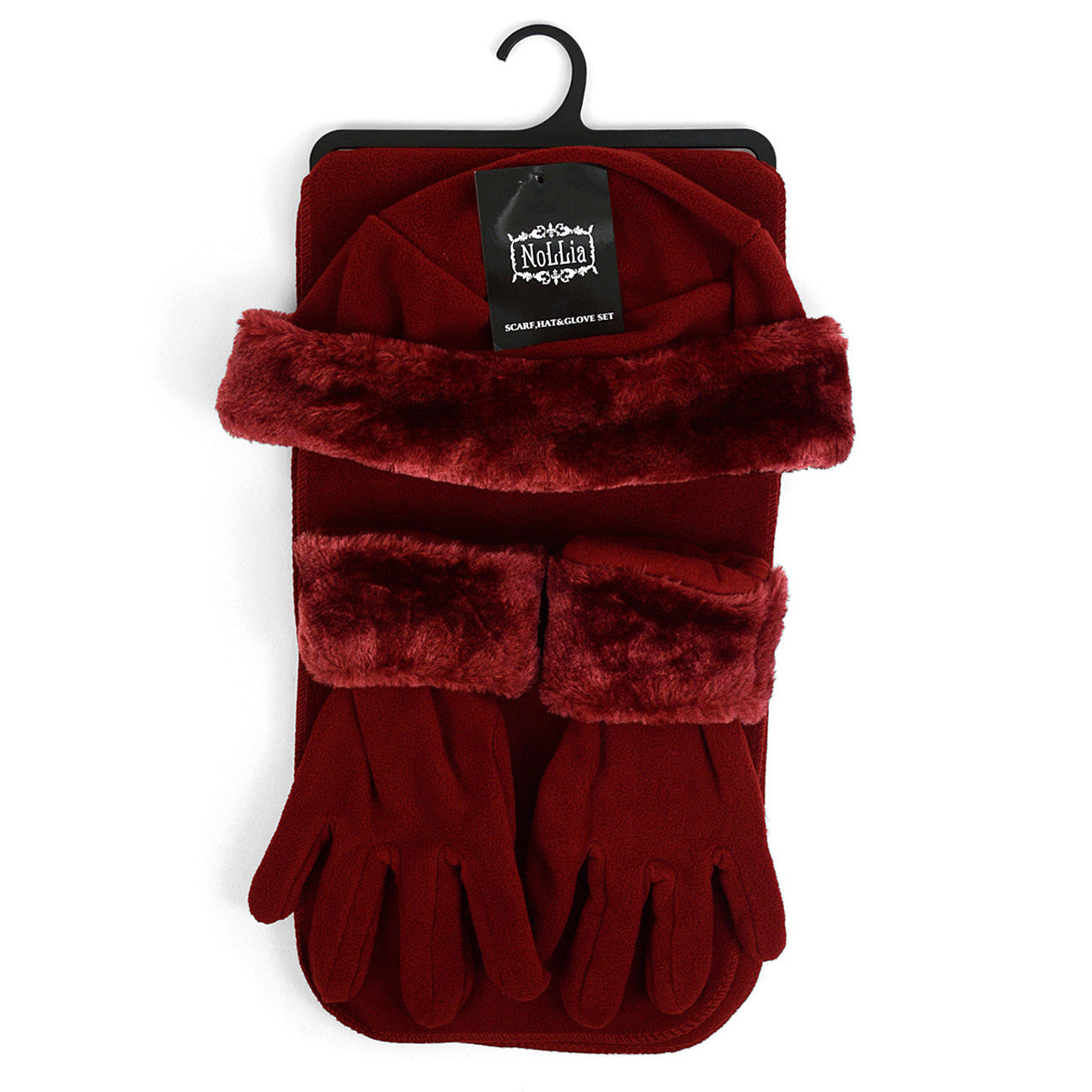 Three Piece Fleece Solid Scarf, Hat and Glove Set With Fur Trim