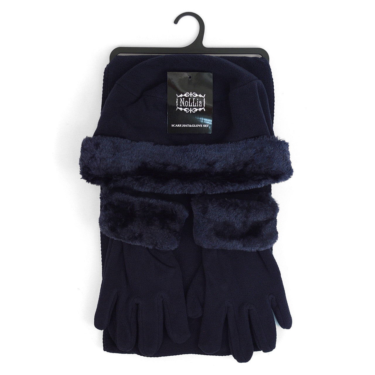 Three Piece Fleece Solid Scarf, Hat and Glove Set With Fur Trim