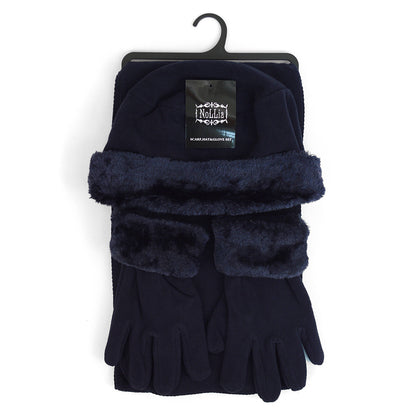 Three Piece Fleece Solid Scarf, Hat and Glove Set With Fur Trim