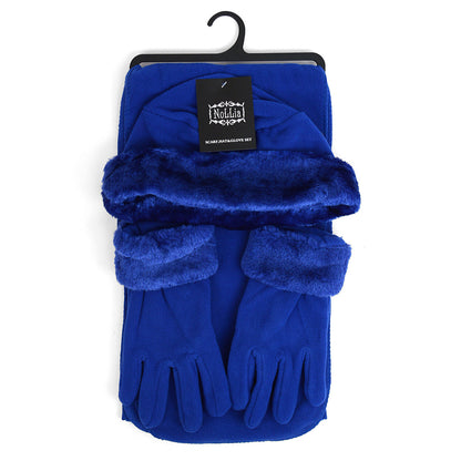 Three Piece Fleece Solid Scarf, Hat and Glove Set With Fur Trim
