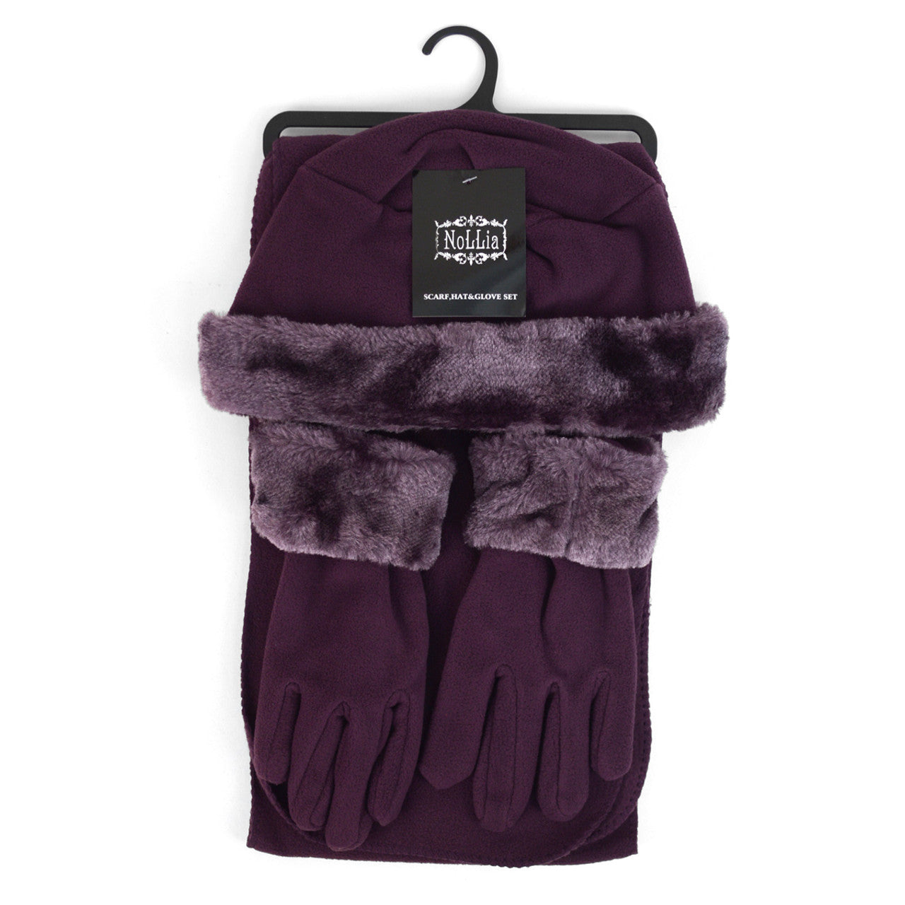 Three Piece Fleece Solid Scarf, Hat and Glove Set With Fur Trim