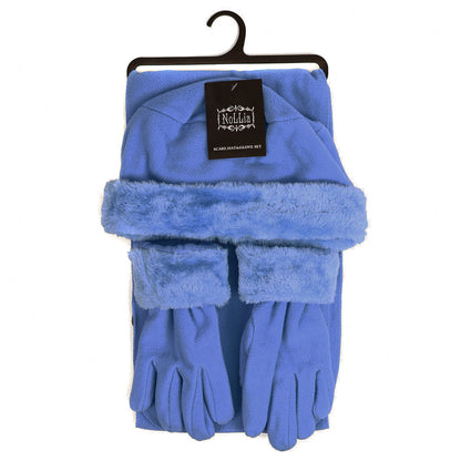 Three Piece Fleece Solid Scarf, Hat and Glove Set With Fur Trim