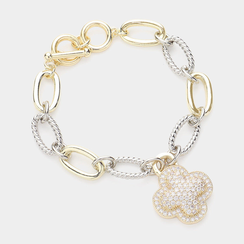DY 14K Gold Plated CZ Stone Paved Quatrefoil Charm Textured Metal Toggle Bracelet