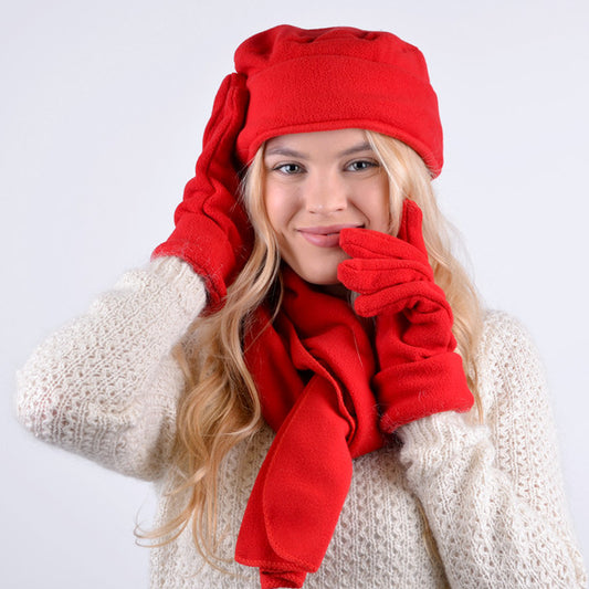 Three Piece Fleece Solid Scarf, Hat and Glove Set With Fur Trim