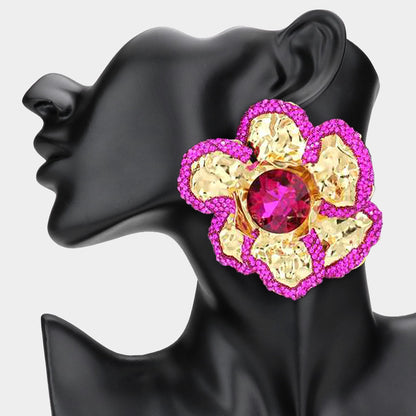 Large Hammered Crystal Trimmed Flower Statement Earrings